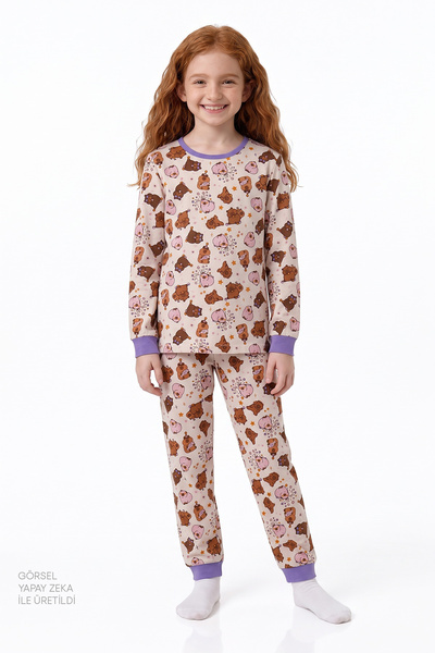 Penti Girl's Lilac Capyparty Cotton Long Sleeve 2-Piece Pajama Set