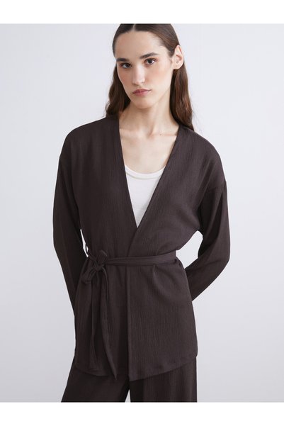 LC Waikiki Lcw Modest Brown Raschel Plain Midi Women's Cardigan with Nevavm D...