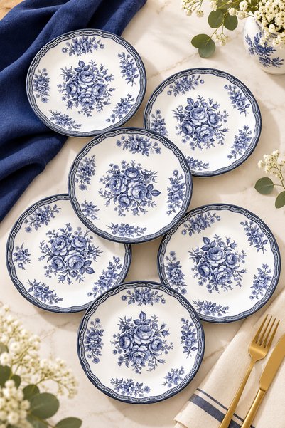 ers erbaşlar Mavi Antik Lüx Seramik 6 Kişilik Pasta Seti Pasta Tabağı ( 20 cm)