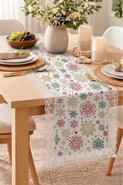 Rona Home Elegant Snowflake-Patterned New Year's Table Runner with Lace Edgin...