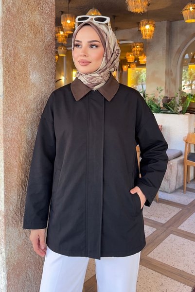 Generic Brand Low Sleeve Flotile Zippered Trench Coat-Black