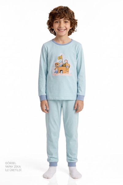 Penti Boy's Blue Dragon Camp Members Cotton Long Sleeve 2-Piece Pajama Set