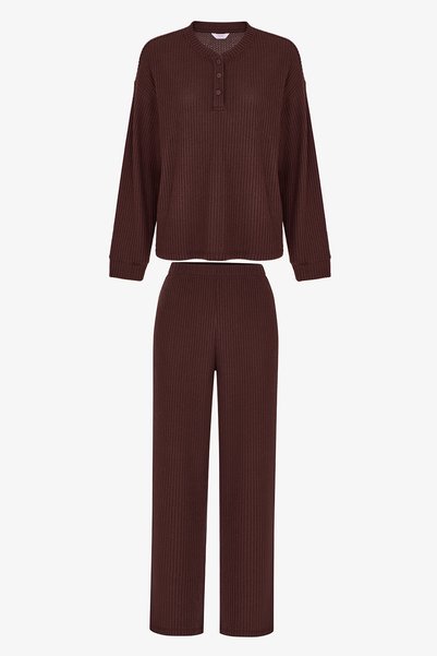 Penti Kahverengi Coziness Waffle Pantolon Uzun Kollu Pijama Takımı