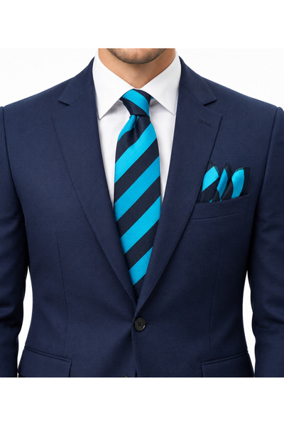 Brianze Turquoise and Navy Blue Striped Tie Handkerchief Set