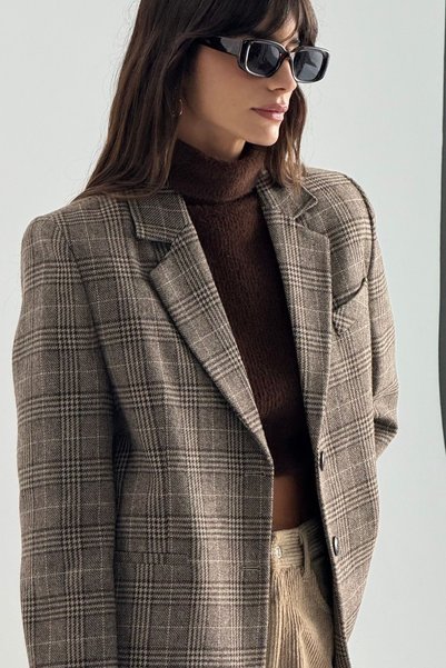 Açelya Okcu Premium BELVION Blazer Ekoseli Yün Ceket