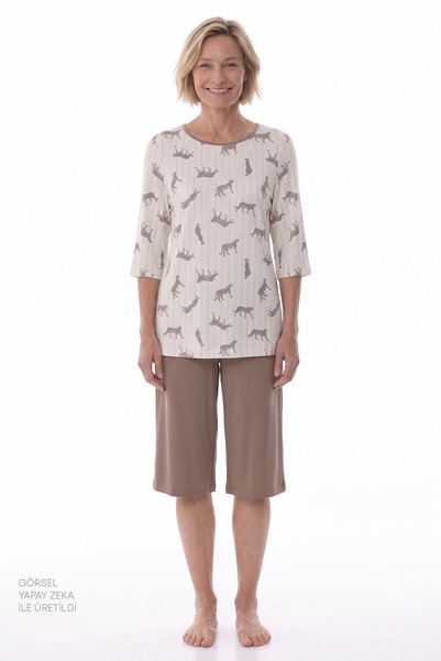 Penti Beige Collagen Leopard Patterned 3/4 Sleeve Shorts Pajama Set