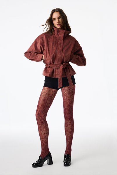 Penti Bordo Soft Geometrik Desenli File Külotlu Çorap