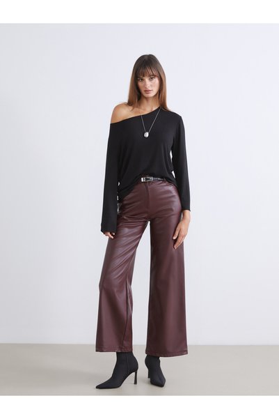 LC Waikiki Soulife Burgundy Faux Leather Straight-Leg, Loose-Fit, Wide-Leg Wo...
