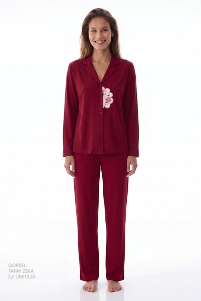 Penti Bordo Happiness Pamuklu Uzun Kollu Düğmeli Gömlek Pantolon Pijama Takımı