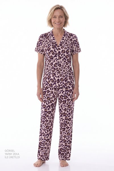 Penti Pink Collagen Leopard Pattern Short Sleeve Buttoned Shirt Pants Pajama Set