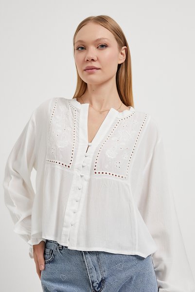 Arma Life Women's Button Patterned Long Sleeve V Neck White Blouse