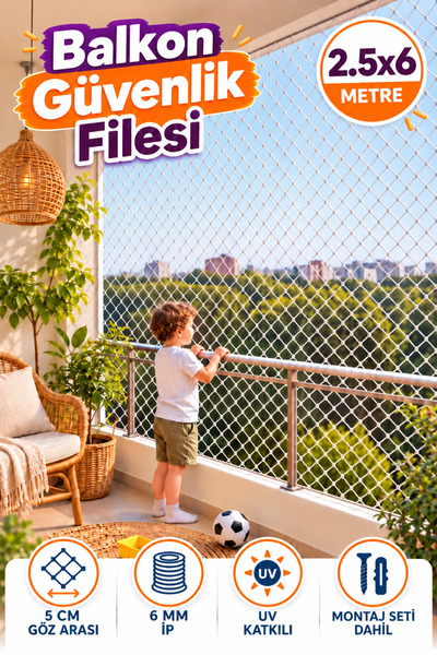 KONAK FİLE 2.5 METRE X 6 METRE Balkon Çocuk Güvenlik Filesi 6 MM Kalınlığında - 5X5 Koruma Merdiven İş Ağı