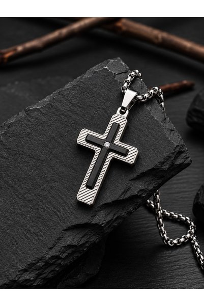 voyageaccessory Paslanmaz Çelik Siyah ve Gümüş Renk Zirkon Taş Detaylı Haç Kolye