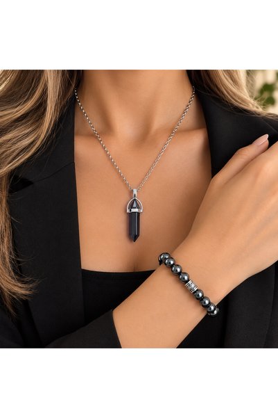 Vera Food Natural Hematite Stone Necklace and Bracelet