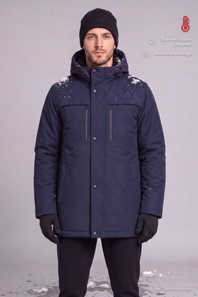 Freemen Men's Navy Blue Fleece Inside Furry Water and Windproof Hooded Winter...