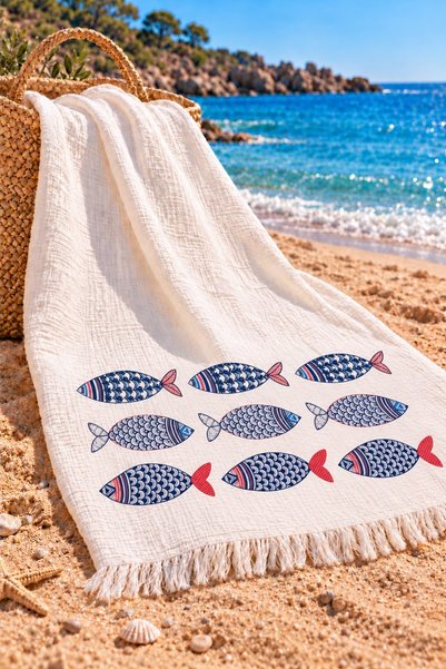 Efesan 100% Cotton Printed Muslin Peştemal (Colorful Fish)