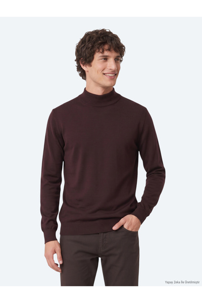 Kip Burgundy Half Turtleneck Plain Knit Wool Blended Sweater