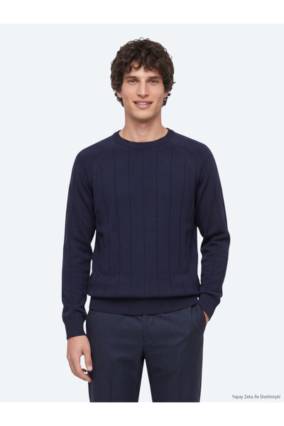 Kip Navy Blue Crew-Neck Knit Sweater