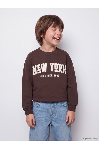 LC Waikiki LCW Kids Brown Interlock Printed Loose & Oversized Boys' Sweatshir...