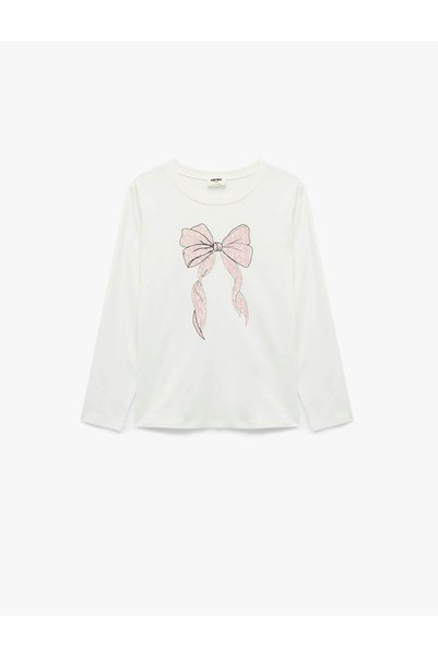 Koton Cotton Long Sleeve Crew Neck Glitter Bow Printed T-Shirt