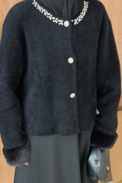 Şule Giyim Şenay Sleeve Fur Collar Stone Detailed Cardigan Black