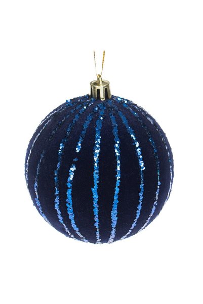 DD SHOP Ornament Brad de Craciun Glob Catifelat Albastru cu Dungi Glitter Ø8cm