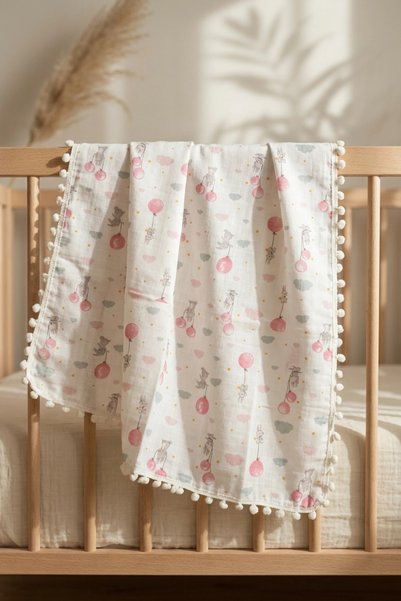 Babydonat Pink Double Layer Balloon Patterned Muslin Baby Blanket with Pompom...