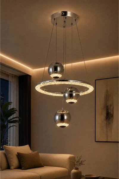 Elvora Home Modern PREMİUM Krom Küreli 3 Renkli LEDli Sarkıt Avizesi Salon Mu...