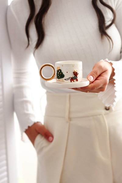 Özce Art Ceramic Atelier Deer Patterned Gold Detailed 100 ml Turkish Coffee C...