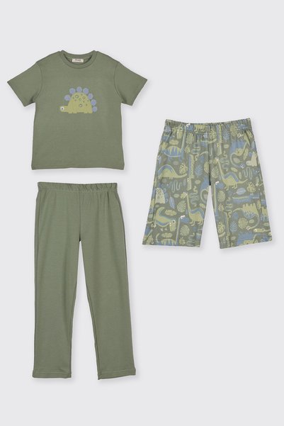 Panço Boy's Green 3-Piece Pajama Set with Print Detail
