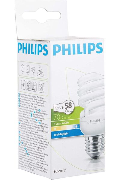 Philips 12W=58W Mini Spiral-Kıvrık Tasarruf Ampul-E27 Duylu Beyaz Işık-6500K/705 LUmen