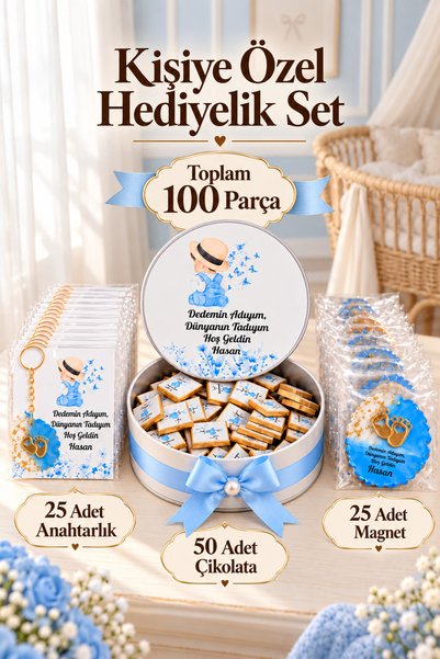 Peri Süs Yenidoğan, Bebek Hediye Seti Erkek Çocuk Şapkalı Tasarım 50 Adet Çik...