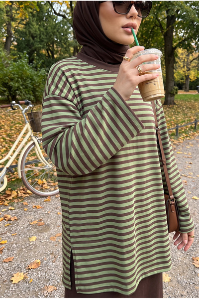 Kirazca Butik Kadın Haki Bisiklet Yaka Çizgili Oversize Tesettür Sweat Tunik ...