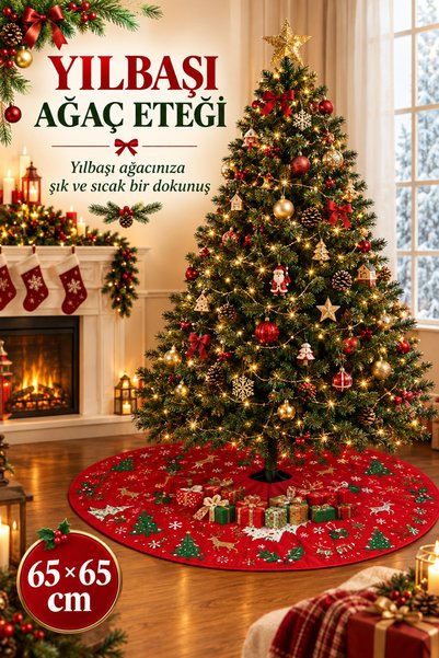 Mavi Masal New Year's Tree Skirt, 65x65 cm, Red Christmas-Themed Decorative F...