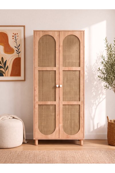 FLORADESİGN Bali Bohem Jüt 2 Kapaklı Gardırop – Jüt Kumaş MDF Kapaklı, Meşe