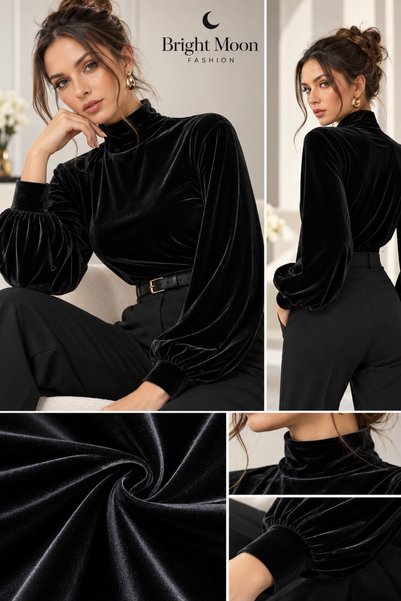 bright moon بلوزة نسائية حريرية مخمل ياقة مرتفعة متوسطة الطول بلوزة أنيقة بأك...