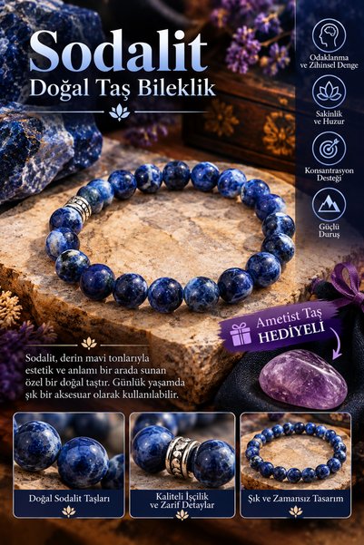 beautifulnaturelstones Sodalit Doğaltaş Bileklik ( Ham Taş Hediyeli ) 8 Mm