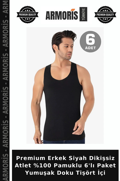 Armoris Premium Men's Black Stitch-Free Tank Top, 100% Cotton, 6-Pack, Soft-T...