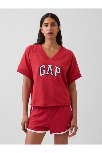 GAP Kadın Kırmızı Fransız Havlu Kumaş Oversized Logo V-Yaka Sweatshirt
