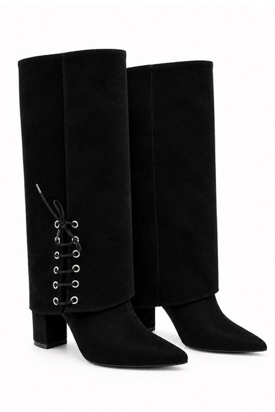 İX Cizme de damă Look, din piele intoarsa, neagra, cu varf ascutit, toc gros,...