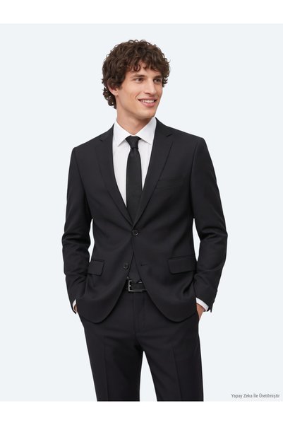 Kip Black Plain Regular Fit Wool Blended Suit