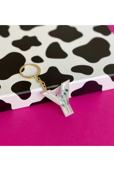 Gift Moda White Epoxy Keychain with Special Real Dried Flowers