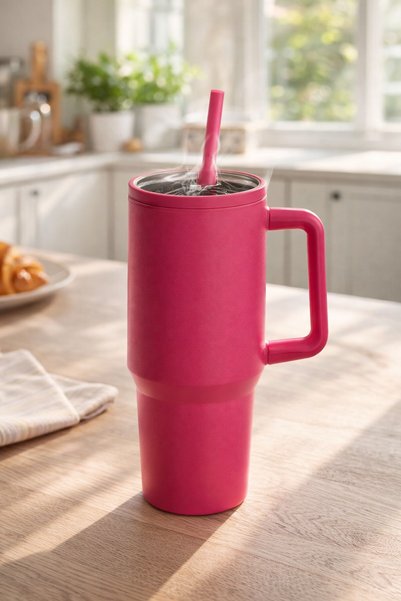 OEM Cană termos din oțel inoxidabil fucsia, cu mâner și pai pop-up, 1200 ml