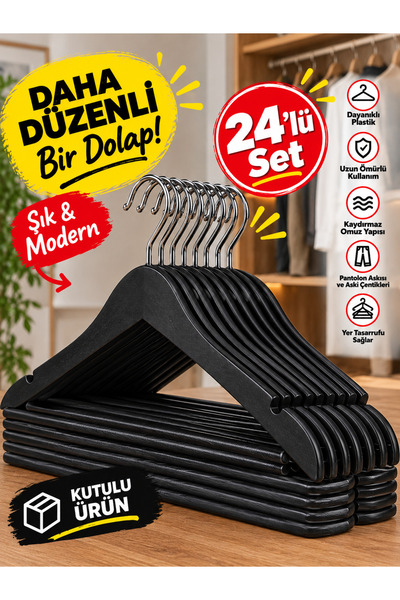 Genel Markalar 24 Adet Ahşap Görünümlü Plastik A Kalite 24 Adet Siyah Askı Pa...