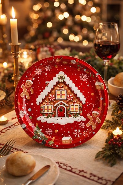 DD SHOP Farfurie Metalica Decorativa de Craciun Rosie Casa de Turta Dulce Ø26cm