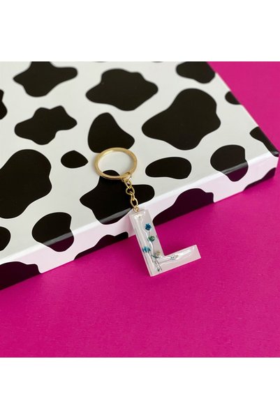 Gift Moda White Epoxy Keychain with Special Real Dried Flowers