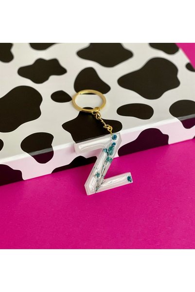 Gift Moda White Epoxy Keychain with Special Real Dried Flowers