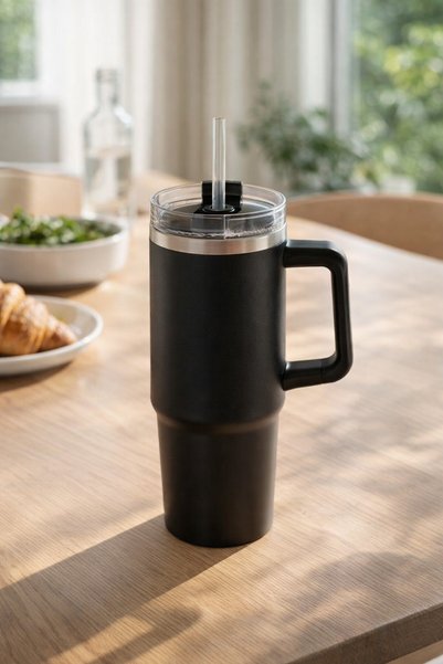 OEM Pahar termos din oțel inoxidabil negru mat, cu mâner și pai, 900 ml