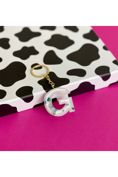 Gift Moda White Epoxy Keychain with Special Real Dried Flowers