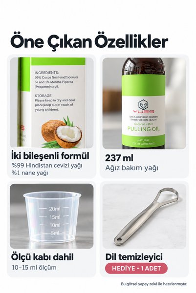 YUES Natural Whitening Pulling Oil Ağız Bakım Yağı Coconut + Mint - Dil Temizleyici Hediyeli